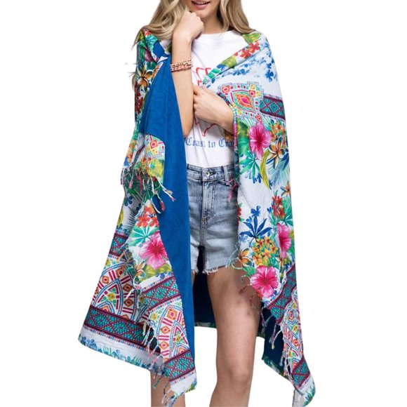 Luxury Flower Print Towel Beach or Bathing Cotton Tassels & Fringe Oversized - Picture 2 of 5